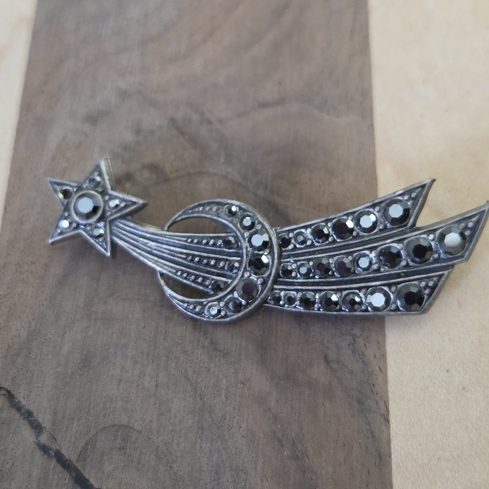 Vintage Made In France Silver Marcasite Shooting Star Ribbon Brooch Pin
